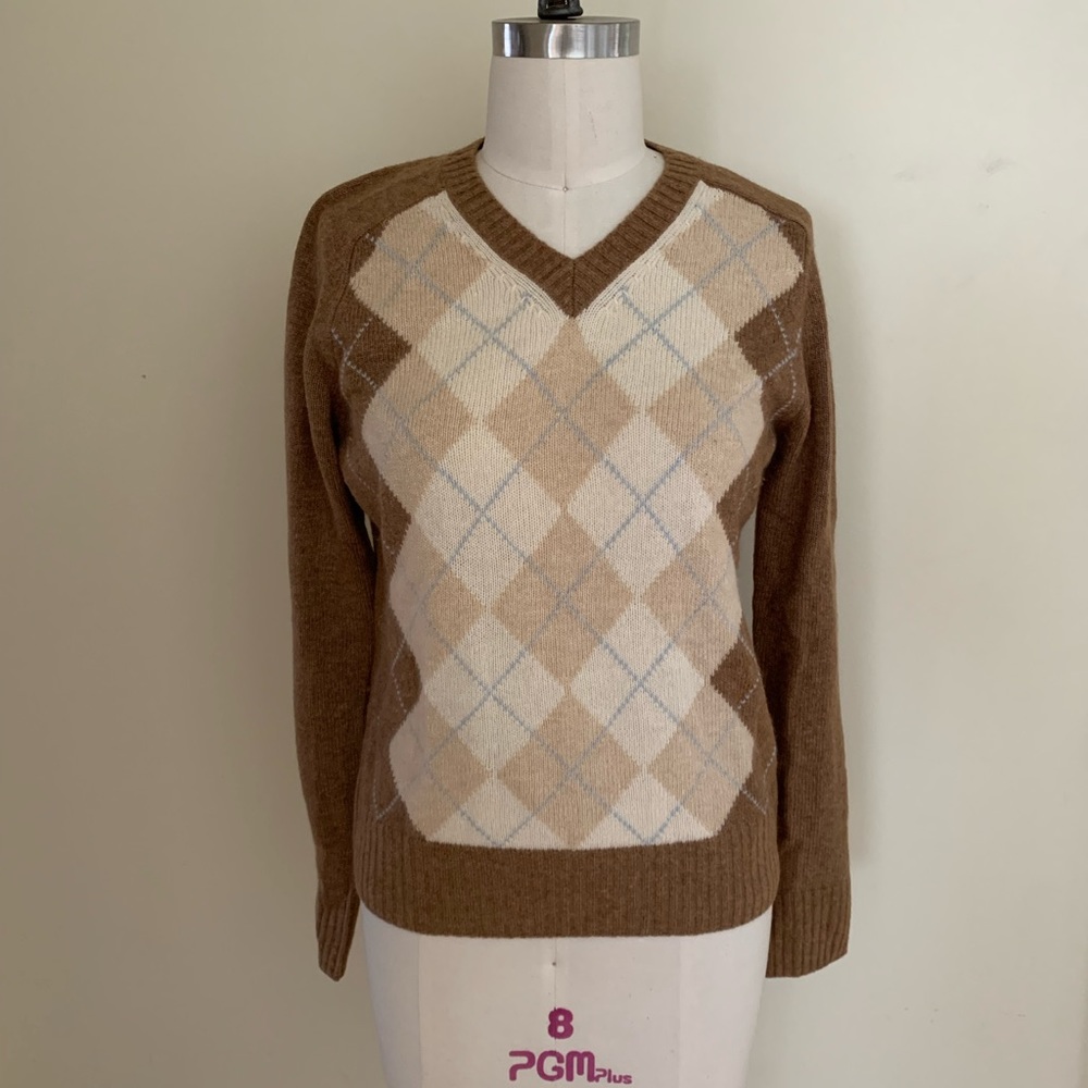 Vintage Y2K Esprit Brown Argyle V-Neck Marino Wool Sweater Size Medium